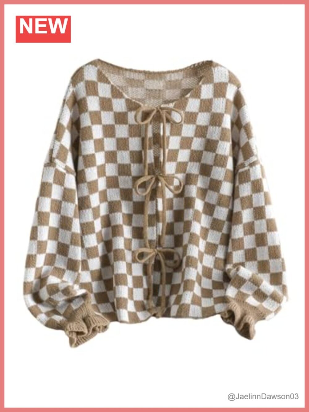 Plus Size Checkered Plaid Bow Cardigan Crew Neck Drop Shoulder Knit